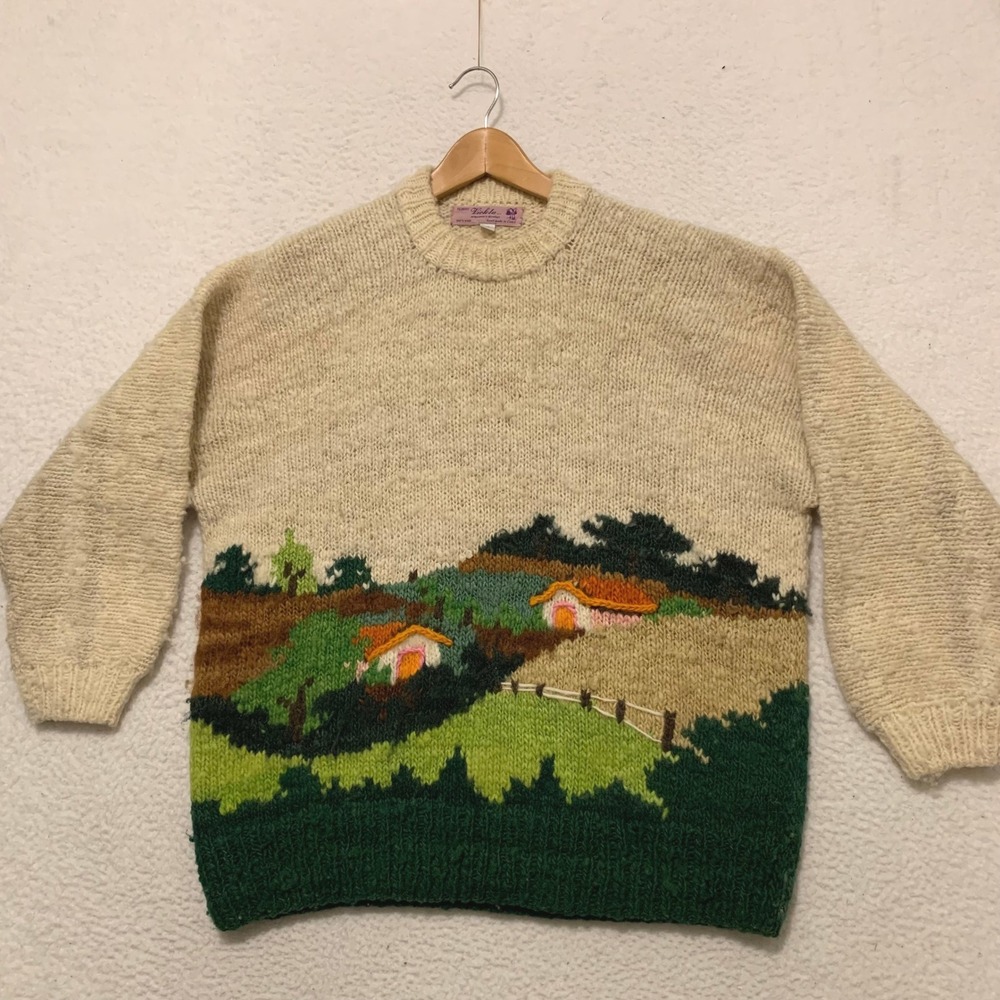 VTG Tejidos Violeta Hand Knit Landscape Sweater Mens L 100% Wool Chile Cream